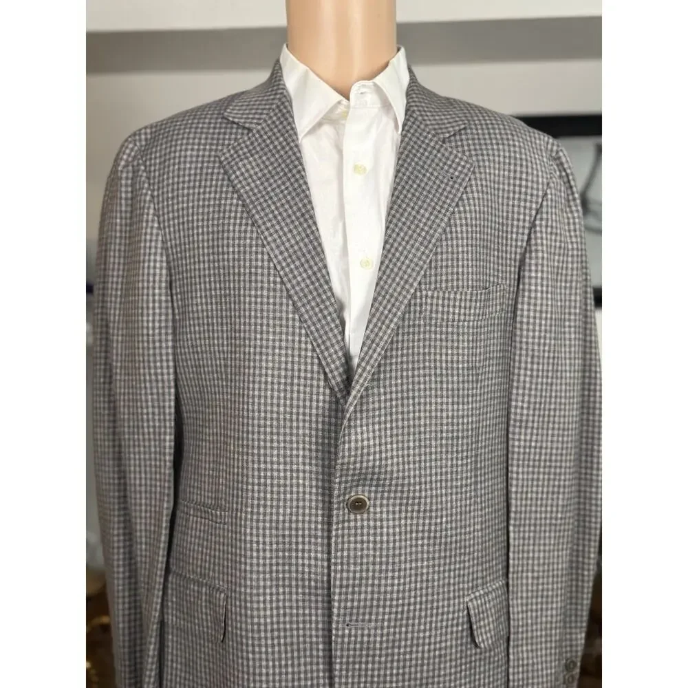 Brunello Cucinelli Linen Wool Silk Gingham Plaid Check Blazer Jacket 52/42 Gray